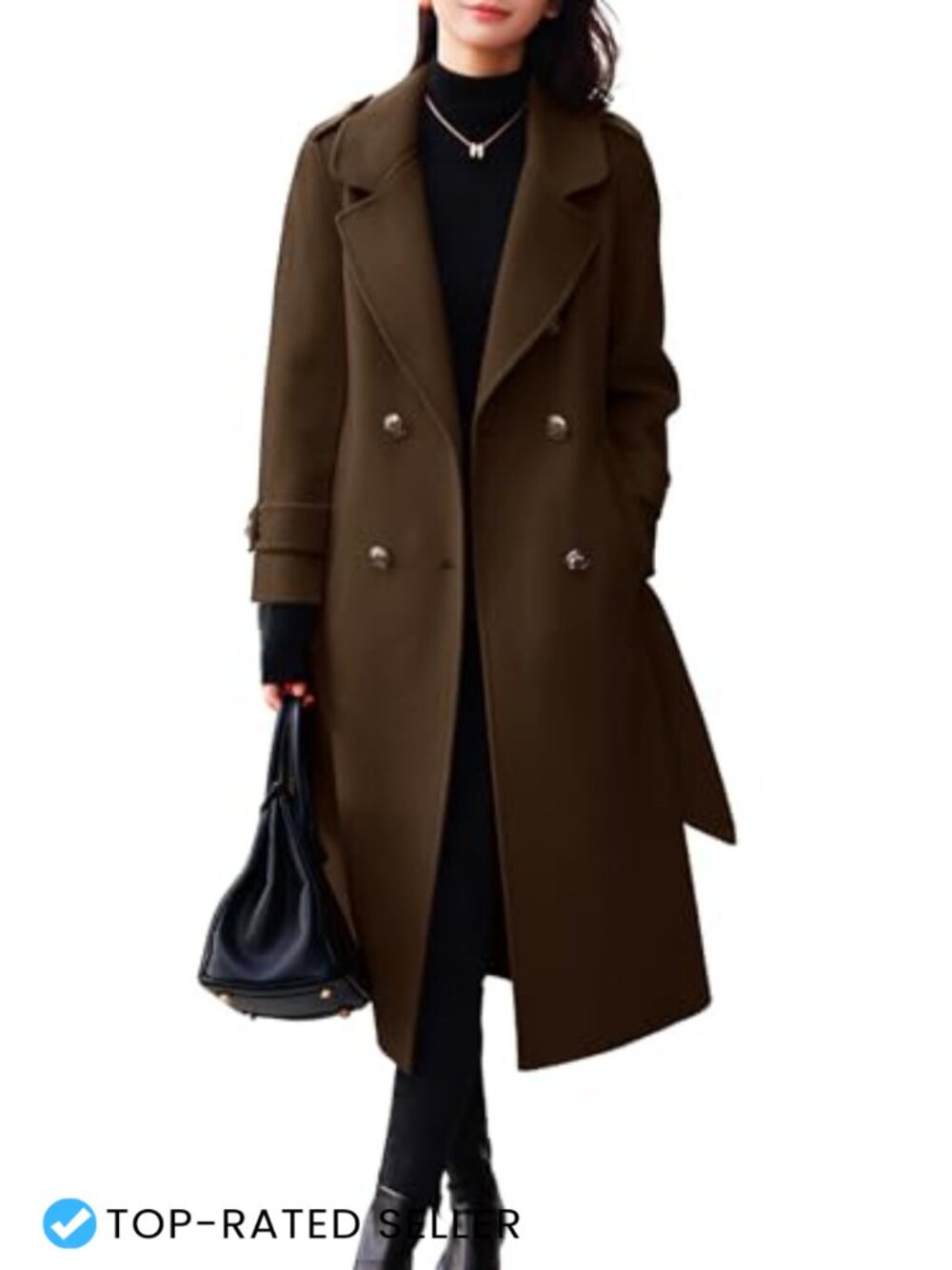 Belted Wool Blend Pea Coat Double Breasted Midi Winter Overcoat